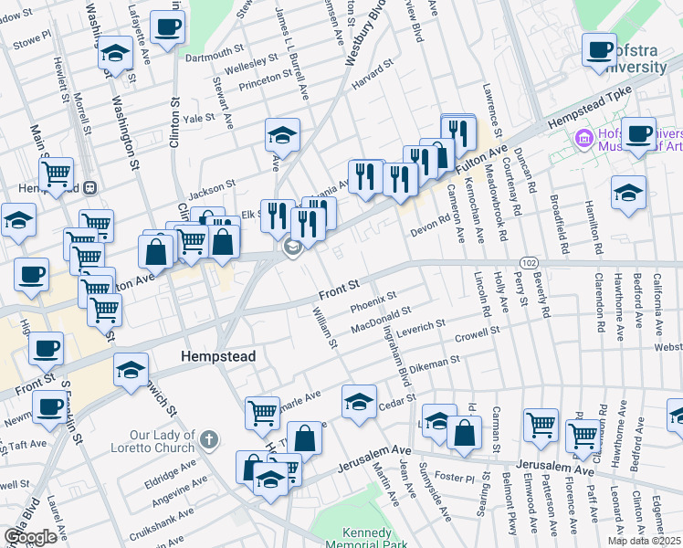 map of restaurants, bars, coffee shops, grocery stores, and more near 544 Front Street in Hempstead