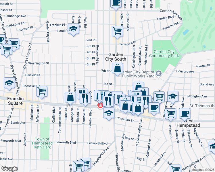 map of restaurants, bars, coffee shops, grocery stores, and more near 70 Euston Road South in West Hempstead