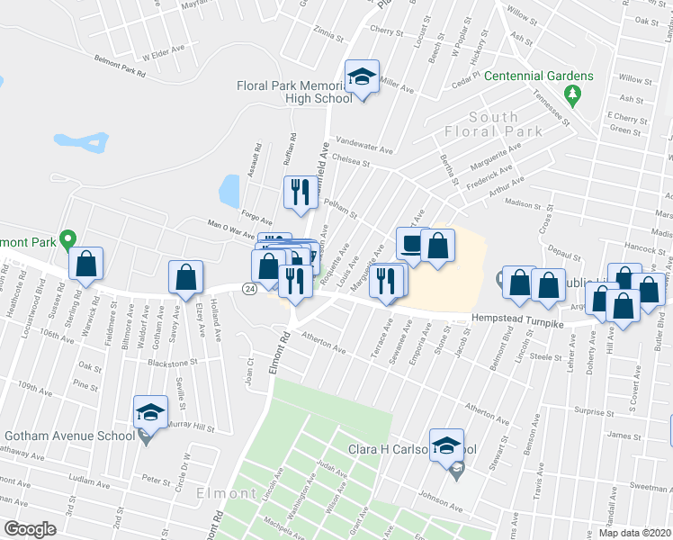 map of restaurants, bars, coffee shops, grocery stores, and more near 8 Makofske Avenue in Elmont