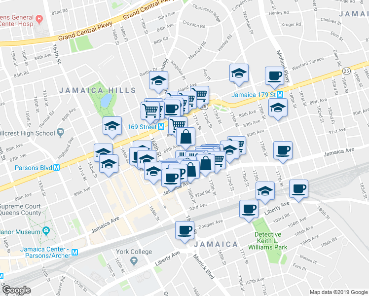 map of restaurants, bars, coffee shops, grocery stores, and more near 169-12 90th Avenue in Queens