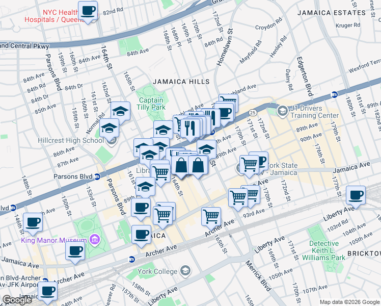map of restaurants, bars, coffee shops, grocery stores, and more near 88-05 Merrick Boulevard in Queens