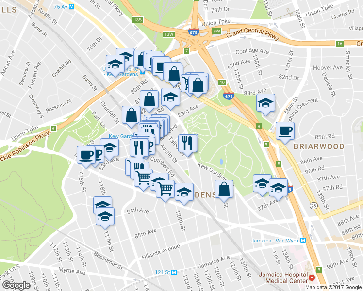 map of restaurants, bars, coffee shops, grocery stores, and more near 84-24 Kew Gardens Road in Queens
