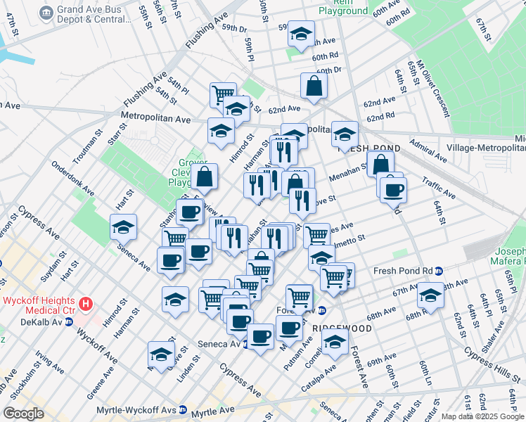 map of restaurants, bars, coffee shops, grocery stores, and more near 20-32 Menahan Street in Queens