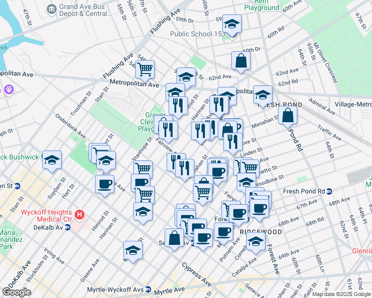 map of restaurants, bars, coffee shops, grocery stores, and more near 20-13 Bleecker Street in Queens