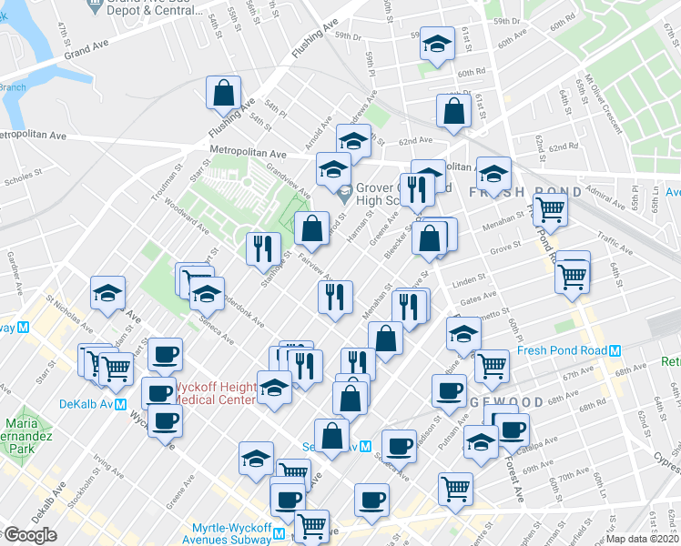 map of restaurants, bars, coffee shops, grocery stores, and more near 19-31 Greene Avenue in Queens