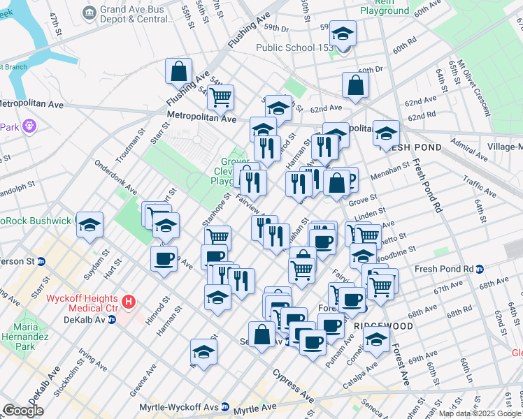 map of restaurants, bars, coffee shops, grocery stores, and more near 19-31 Greene Avenue in Queens