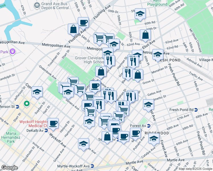 map of restaurants, bars, coffee shops, grocery stores, and more near 19-31 Greene Avenue in Queens