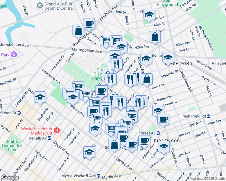 map of restaurants, bars, coffee shops, grocery stores, and more near 19-31 Greene Avenue in Queens