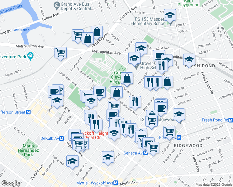 map of restaurants, bars, coffee shops, grocery stores, and more near 19-12 Himrod Street in Queens