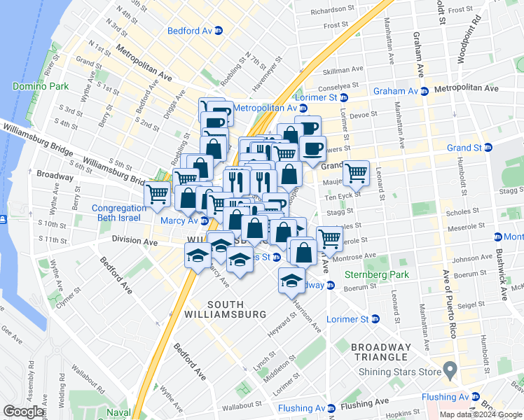map of restaurants, bars, coffee shops, grocery stores, and more near 338 South 4th Street in Brooklyn