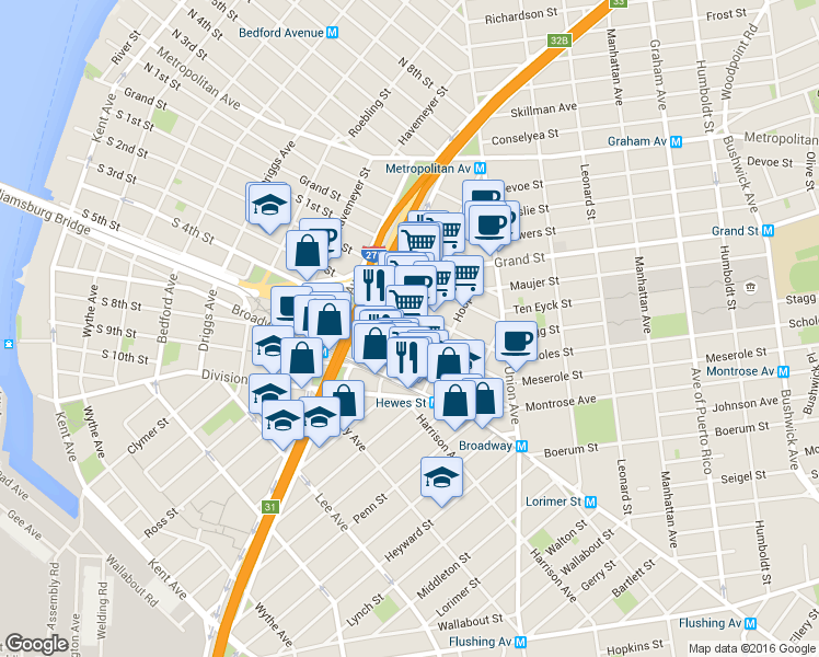 map of restaurants, bars, coffee shops, grocery stores, and more near 338 South 4th Street in Brooklyn