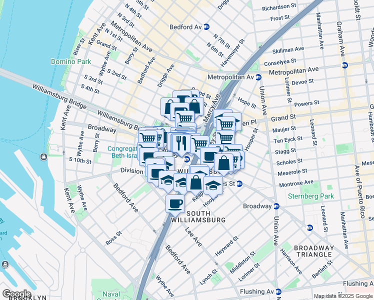map of restaurants, bars, coffee shops, grocery stores, and more near 312 Broadway in Brooklyn