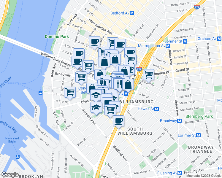 map of restaurants, bars, coffee shops, grocery stores, and more near 311 Roebling Street in Brooklyn