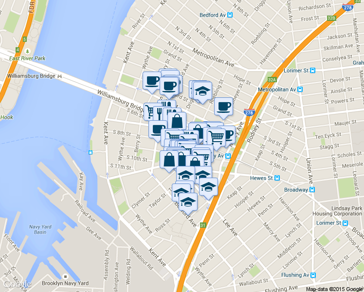map of restaurants, bars, coffee shops, grocery stores, and more near 175 South 9th Street in Brooklyn