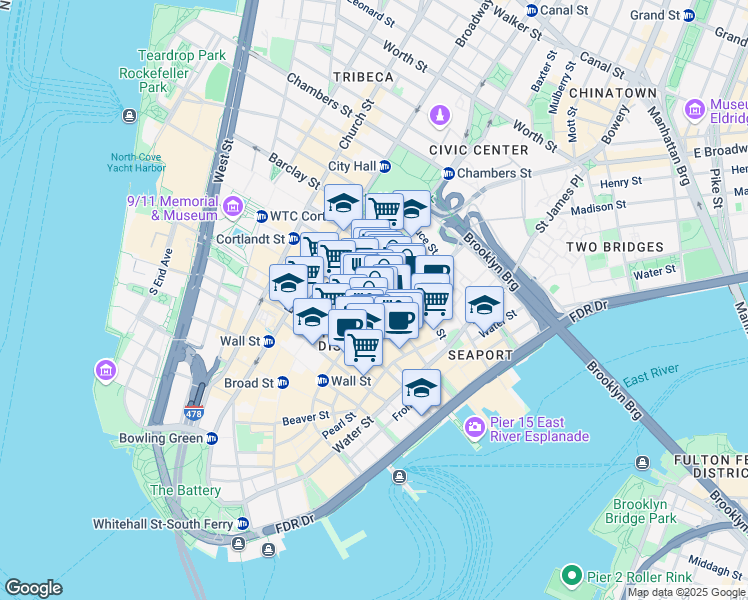 map of restaurants, bars, coffee shops, grocery stores, and more near 106 William Street in New York