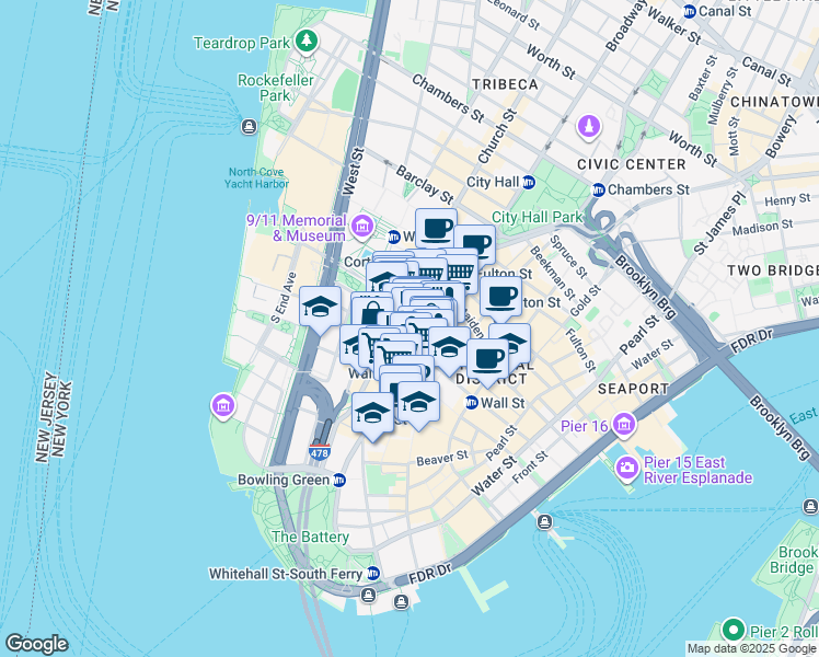 map of restaurants, bars, coffee shops, grocery stores, and more near 75 Broadway in New York