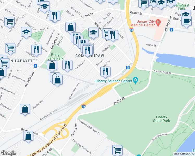 map of restaurants, bars, coffee shops, grocery stores, and more near in Jersey City