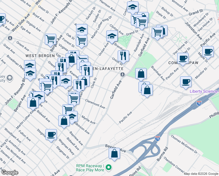 map of restaurants, bars, coffee shops, grocery stores, and more near 121 Carteret Avenue in Jersey City