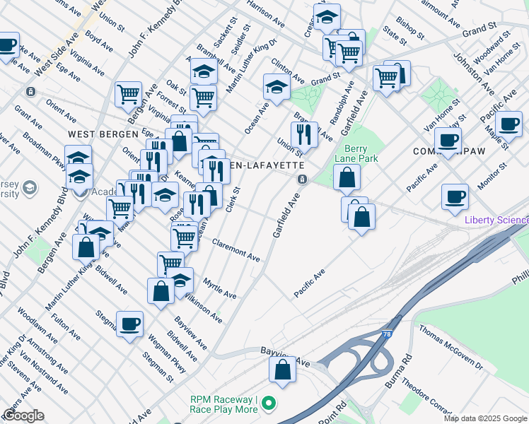 map of restaurants, bars, coffee shops, grocery stores, and more near 121 Carteret Avenue in Jersey City