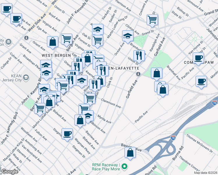 map of restaurants, bars, coffee shops, grocery stores, and more near 131 Clerk Street in Jersey City