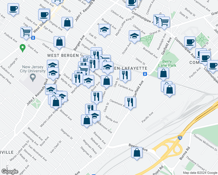map of restaurants, bars, coffee shops, grocery stores, and more near 131 Clerk Street in Jersey City