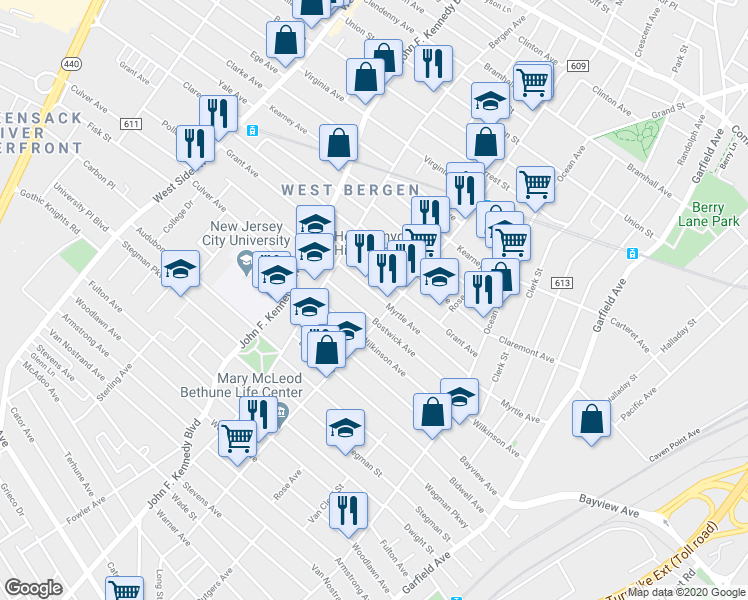 map of restaurants, bars, coffee shops, grocery stores, and more near 275 County Road 609 in Jersey City