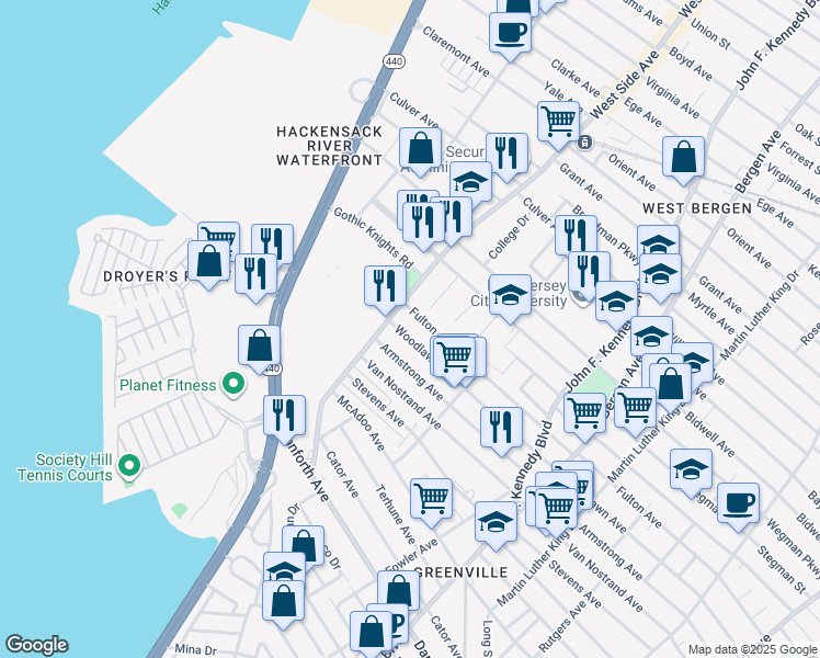 map of restaurants, bars, coffee shops, grocery stores, and more near 378 Woodlawn Avenue in Jersey City