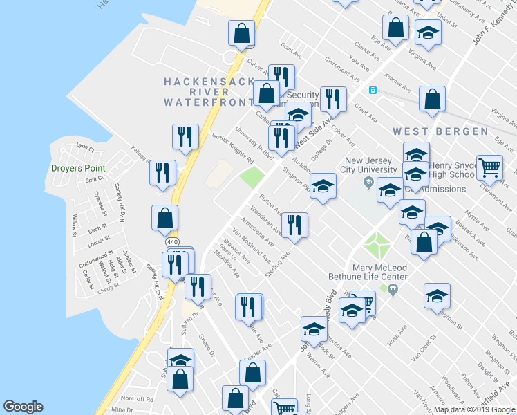 map of restaurants, bars, coffee shops, grocery stores, and more near 380 Woodlawn Avenue in Jersey City