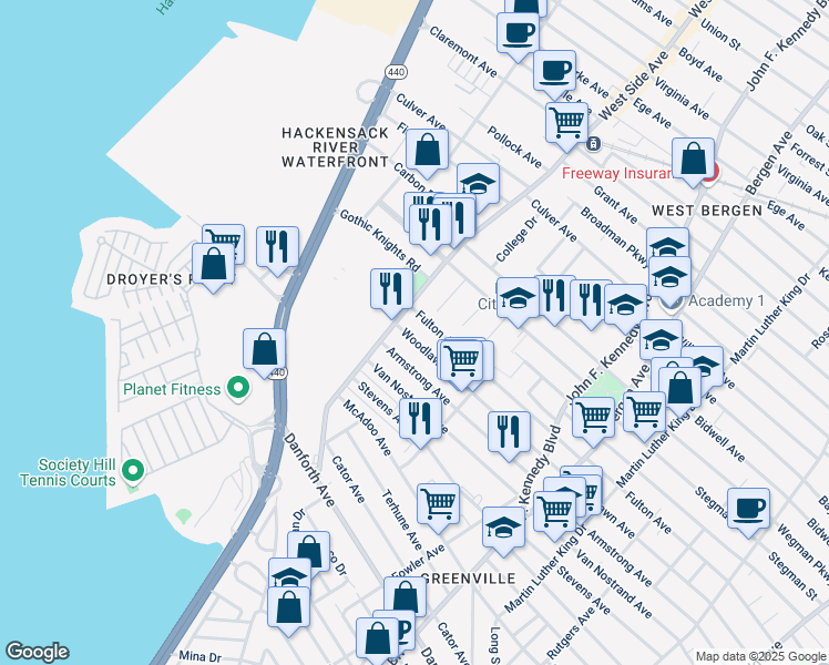 map of restaurants, bars, coffee shops, grocery stores, and more near 378 Woodlawn Avenue in Jersey City