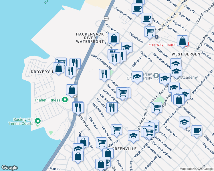 map of restaurants, bars, coffee shops, grocery stores, and more near 397 Armstrong Avenue in Jersey City