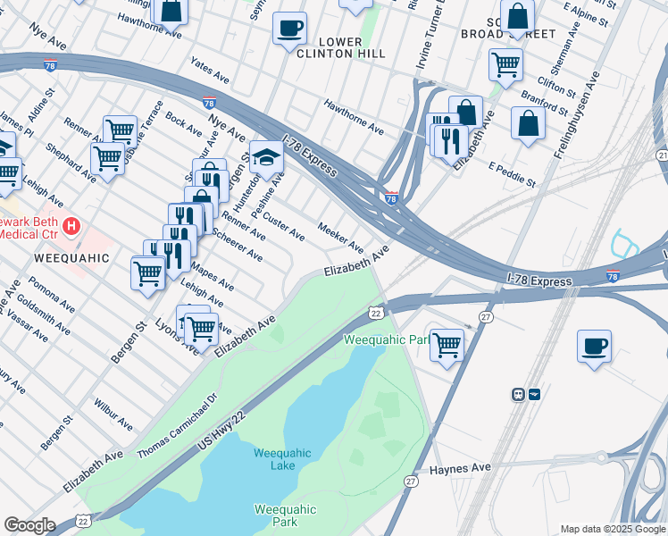 map of restaurants, bars, coffee shops, grocery stores, and more near in Newark