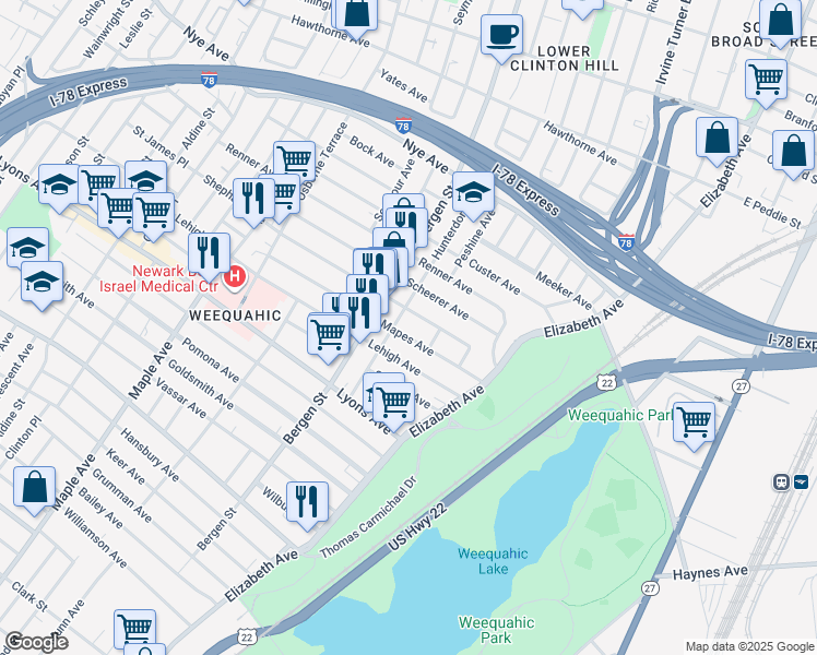 map of restaurants, bars, coffee shops, grocery stores, and more near 15 Mapes Place in Newark