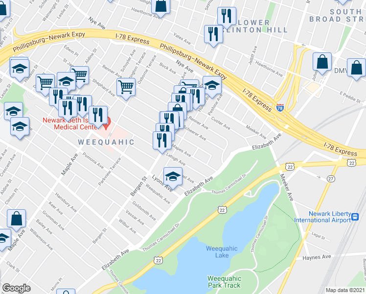 map of restaurants, bars, coffee shops, grocery stores, and more near 77 Lehigh Avenue in Newark