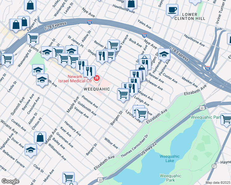 map of restaurants, bars, coffee shops, grocery stores, and more near 32 Harding Terrace in Newark