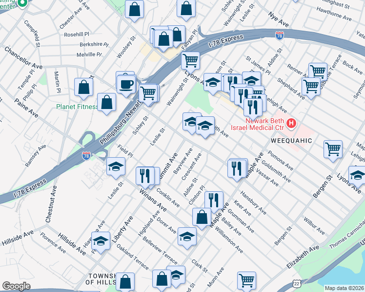 map of restaurants, bars, coffee shops, grocery stores, and more near 20 Bayview Avenue in Newark