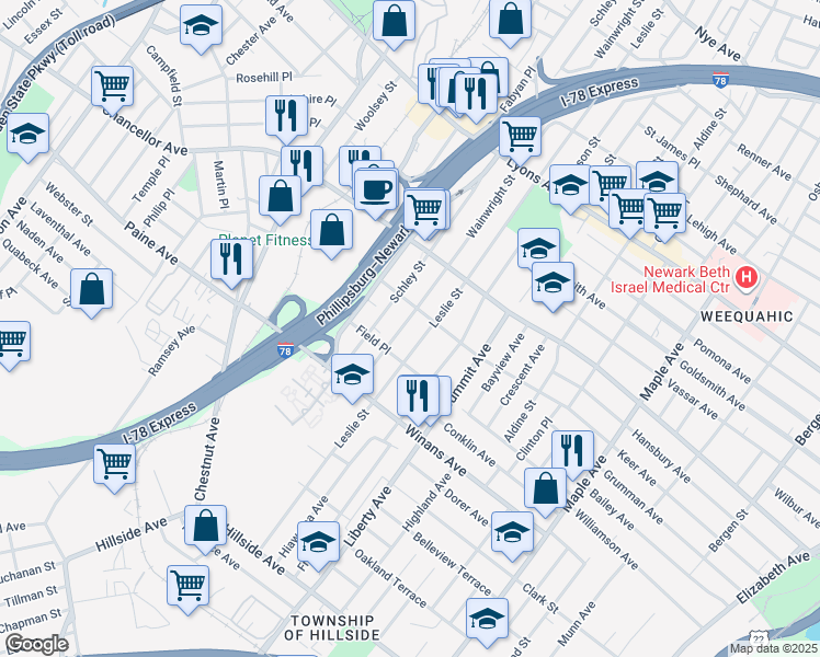 map of restaurants, bars, coffee shops, grocery stores, and more near 477 Leslie Street in Newark