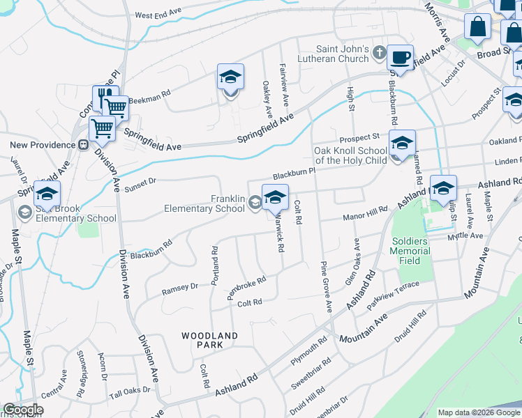 map of restaurants, bars, coffee shops, grocery stores, and more near 136 Blackburn Road in Summit