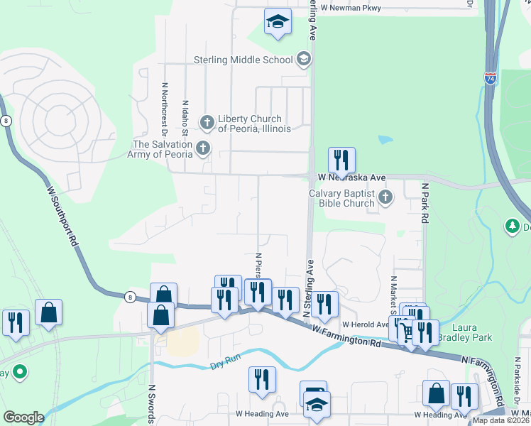 map of restaurants, bars, coffee shops, grocery stores, and more near 1706-1712 North Pierson Avenue in West Peoria