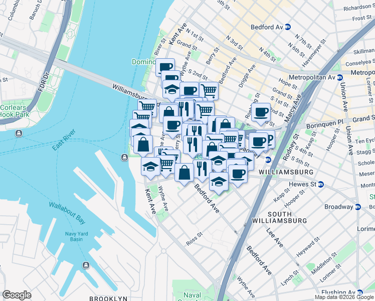 map of restaurants, bars, coffee shops, grocery stores, and more near 100 South 9th Street in Brooklyn