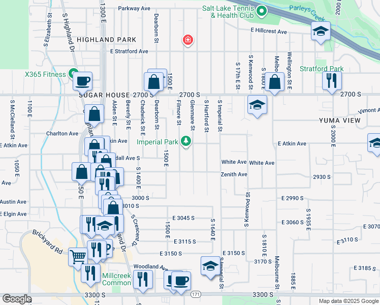 map of restaurants, bars, coffee shops, grocery stores, and more near 2858 Glenmare Street in Salt Lake City