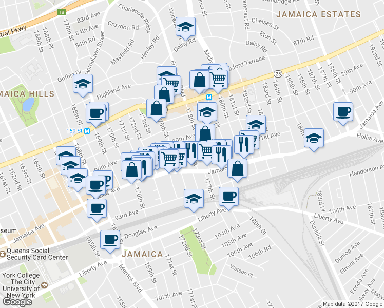 map of restaurants, bars, coffee shops, grocery stores, and more near 176th St in Queens