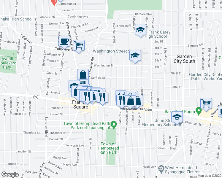 map of restaurants, bars, coffee shops, grocery stores, and more near Roosevelt Street & Harrison Avenue in Franklin Square