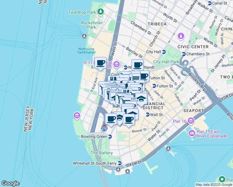 map of restaurants, bars, coffee shops, grocery stores, and more near 120 Greenwich Street in New York