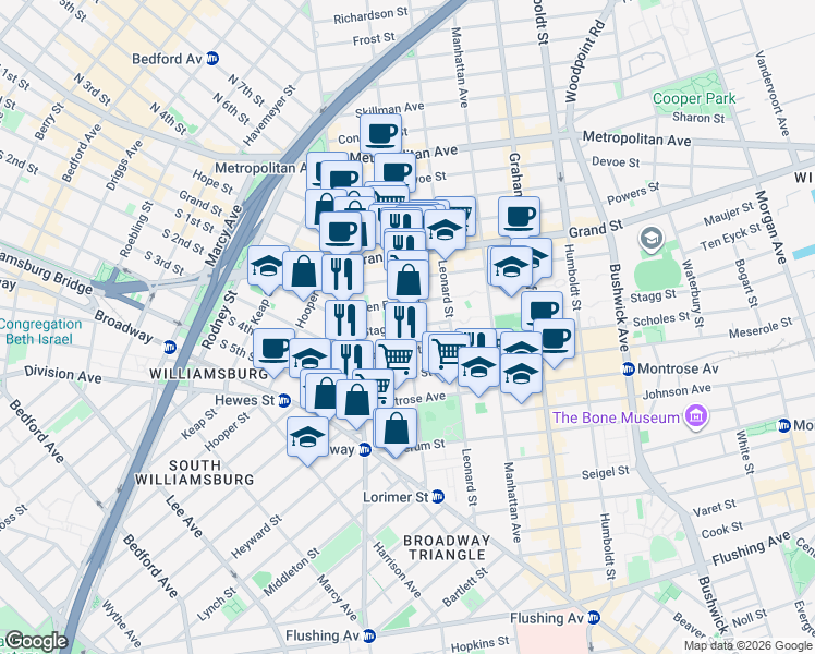 map of restaurants, bars, coffee shops, grocery stores, and more near Lorimer Street & Stagg Street in Brooklyn