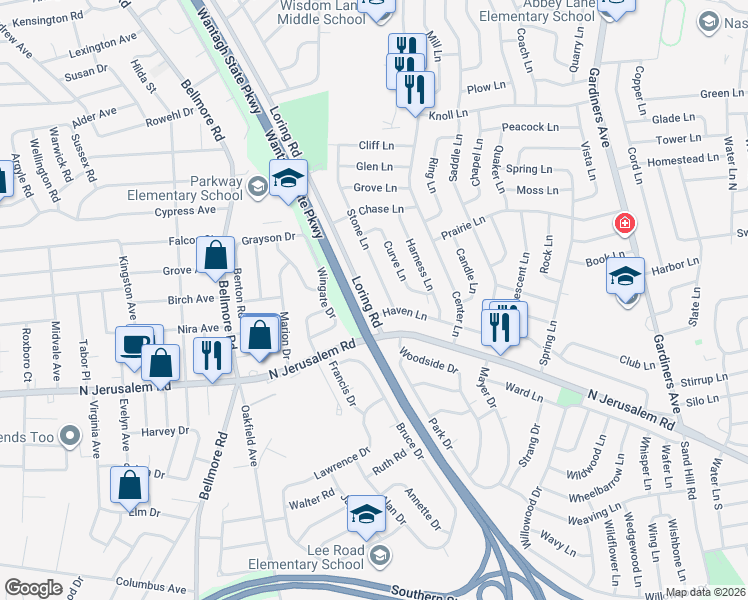 map of restaurants, bars, coffee shops, grocery stores, and more near 6 Haven Lane in Levittown