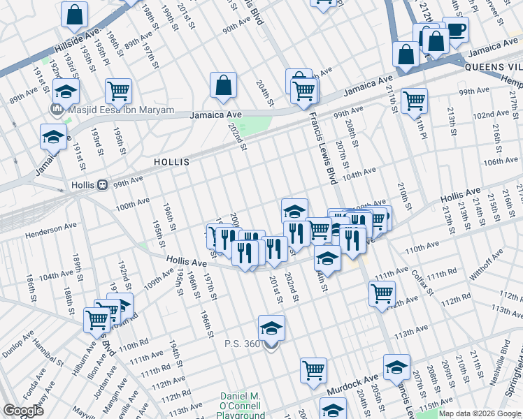map of restaurants, bars, coffee shops, grocery stores, and more near 104-25 202nd Street in Queens