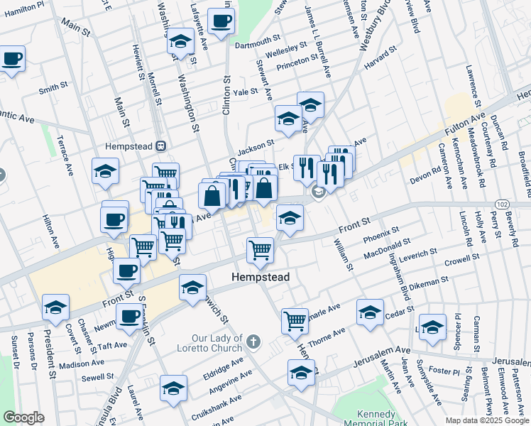 map of restaurants, bars, coffee shops, grocery stores, and more near 50 Clinton Street in Hempstead