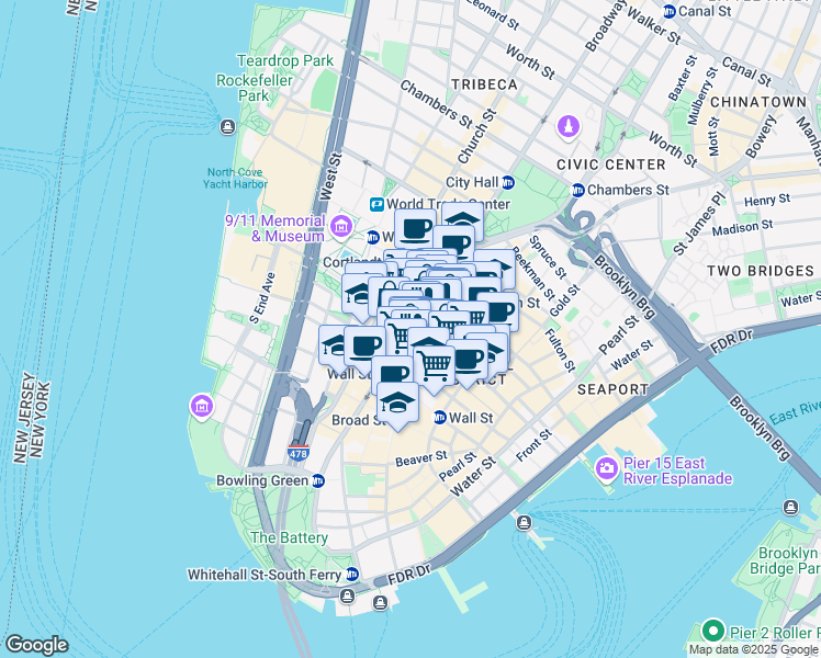 map of restaurants, bars, coffee shops, grocery stores, and more near 142 Broadway in New York