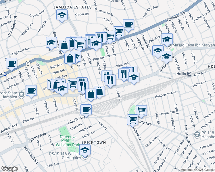 map of restaurants, bars, coffee shops, grocery stores, and more near 181-14 Jamaica Avenue in Queens