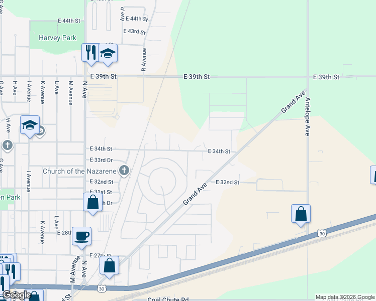 map of restaurants, bars, coffee shops, grocery stores, and more near 1916 East 34th Street in Kearney